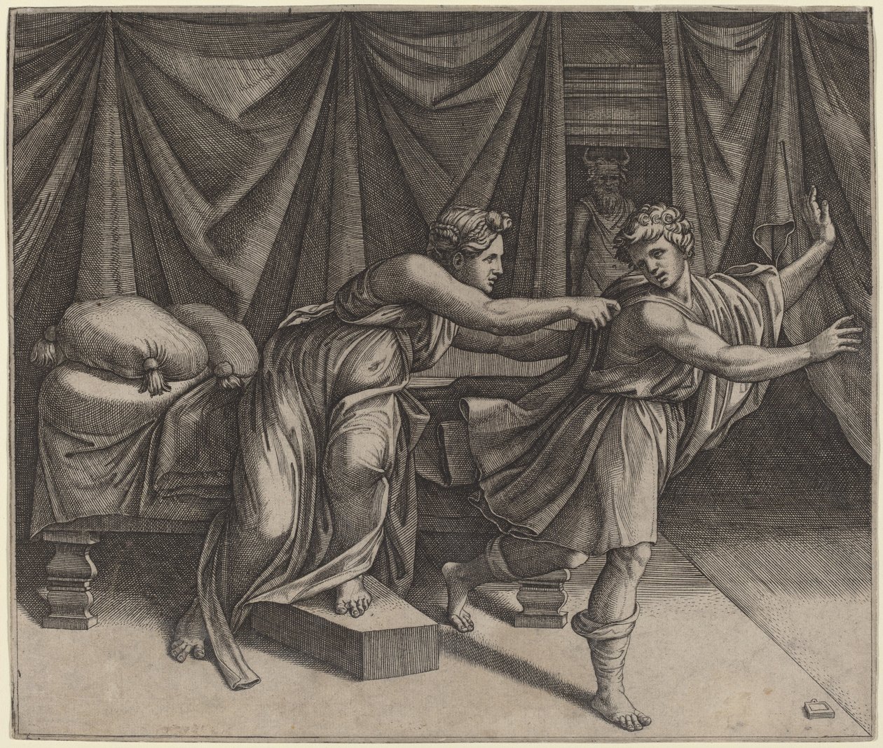 Josef og Potifars kone av Marcantonio Raimondi after Raphael
