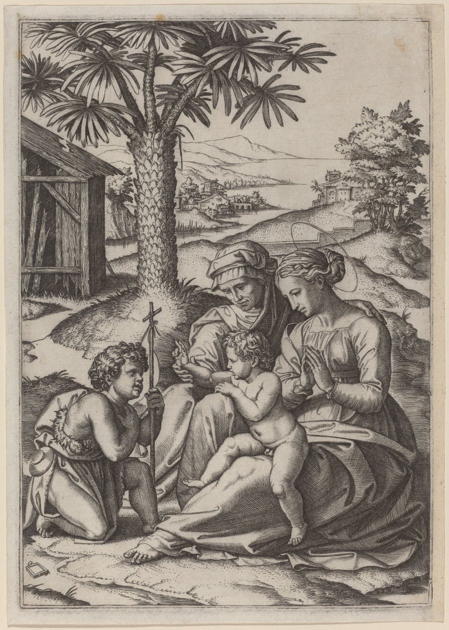 Madonna under et palmetre av Marcantonio Raimondi after Raphael