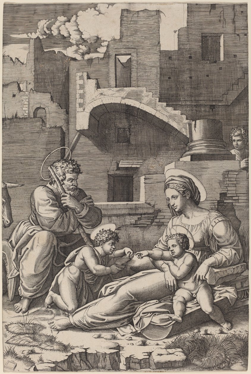 Den hellige familie med den unge døperen Johannes (The Madonna of the Long Thigh) av Marcantonio Raimondi after Raphael