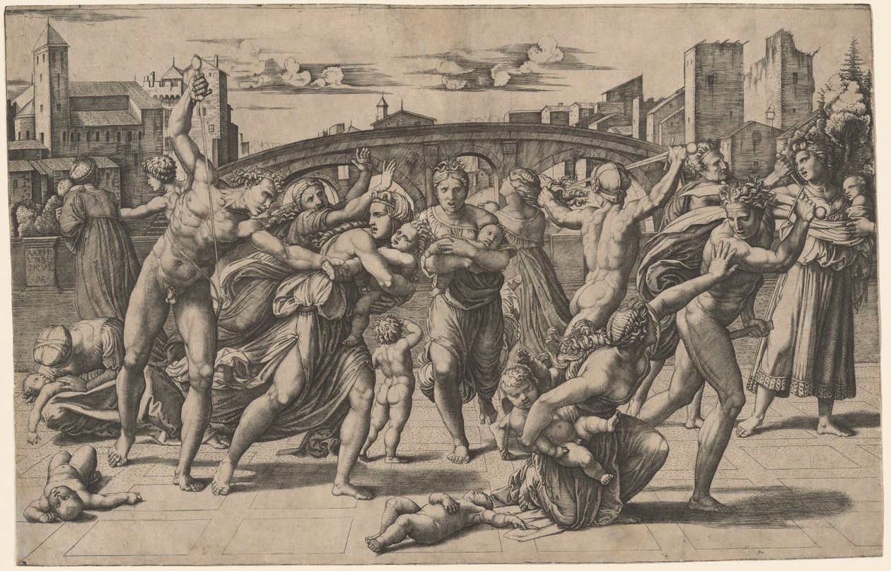 Massakren på de uskyldige av Marcantonio Raimondi after Raphael