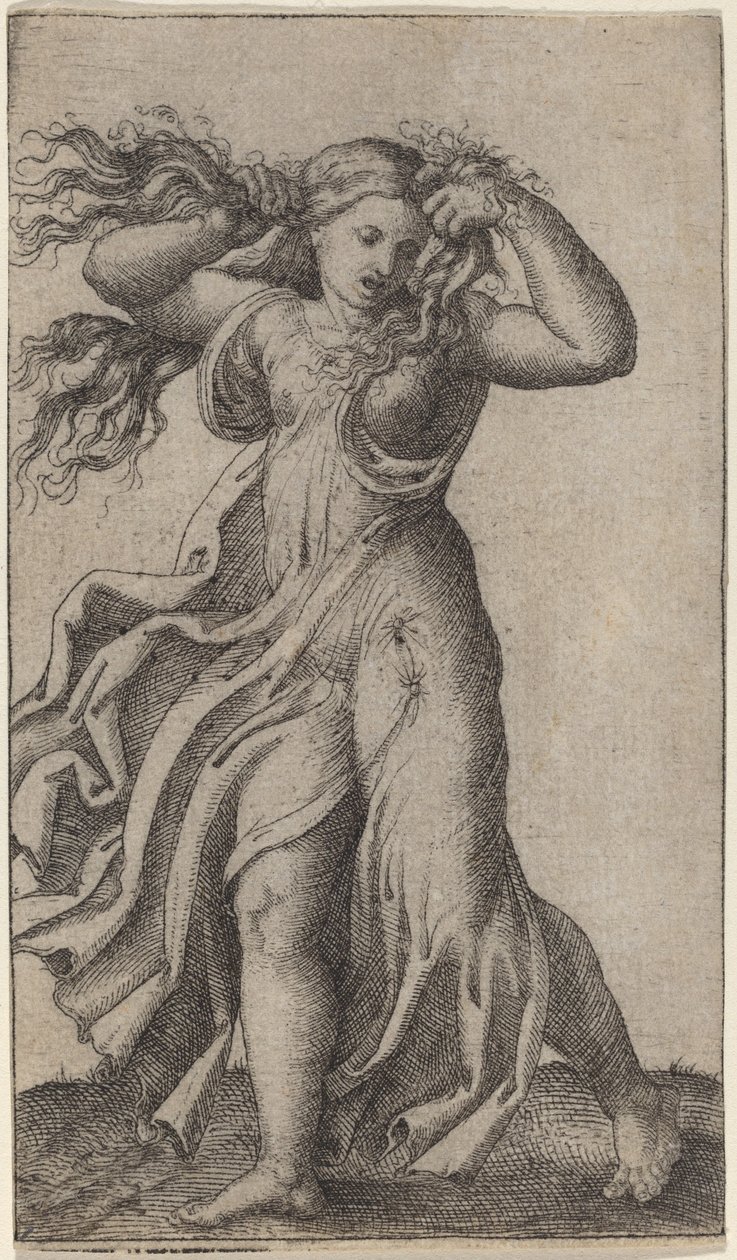 Kvinne som trekker håret av Marcantonio Raimondi possibly after Francesco Francia