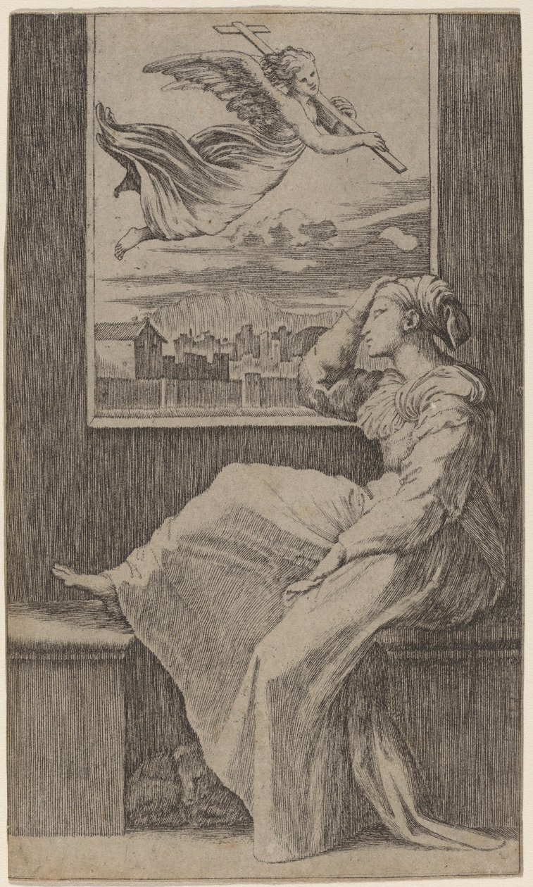 Ettertenksom kvinne av Marcantonio Raimondi possibly after Raphael