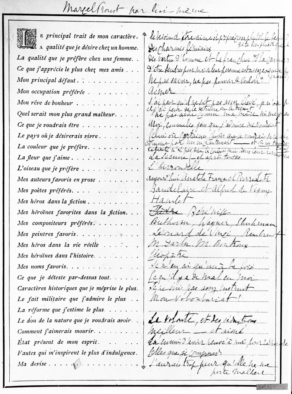 Spørreskjema utfylt av Marcel Proust, 1890 (penn, blekk og trykt papir) av Marcel Proust