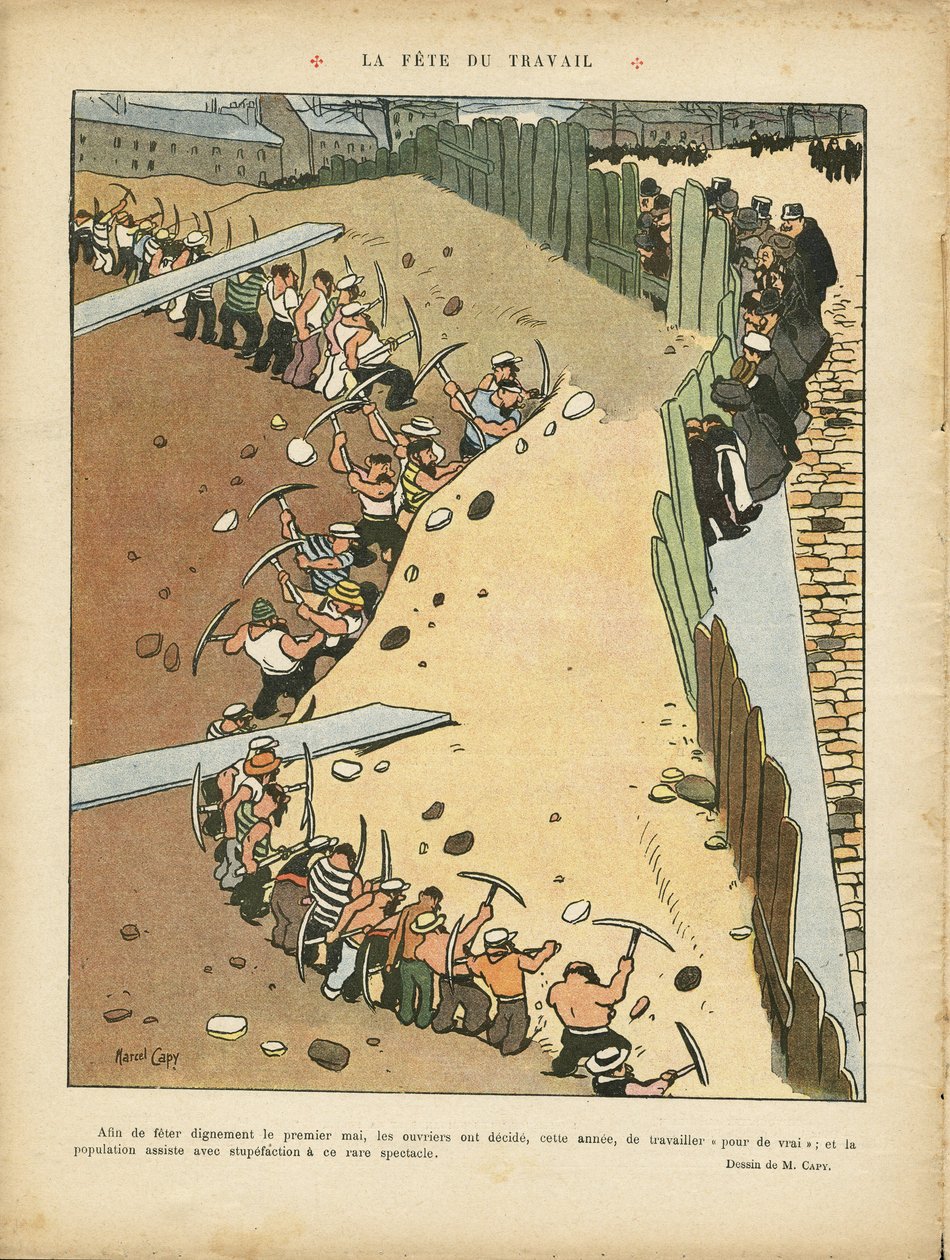 Illustrasjon av Marcel Capy (1865-1941) i Le Rire, 27.04.12 - Arbeidernes dag - Arkitektur Byplanlegging, Arbeid, 1. mai - Terrassiers av Marcel Amable O.L. Capy