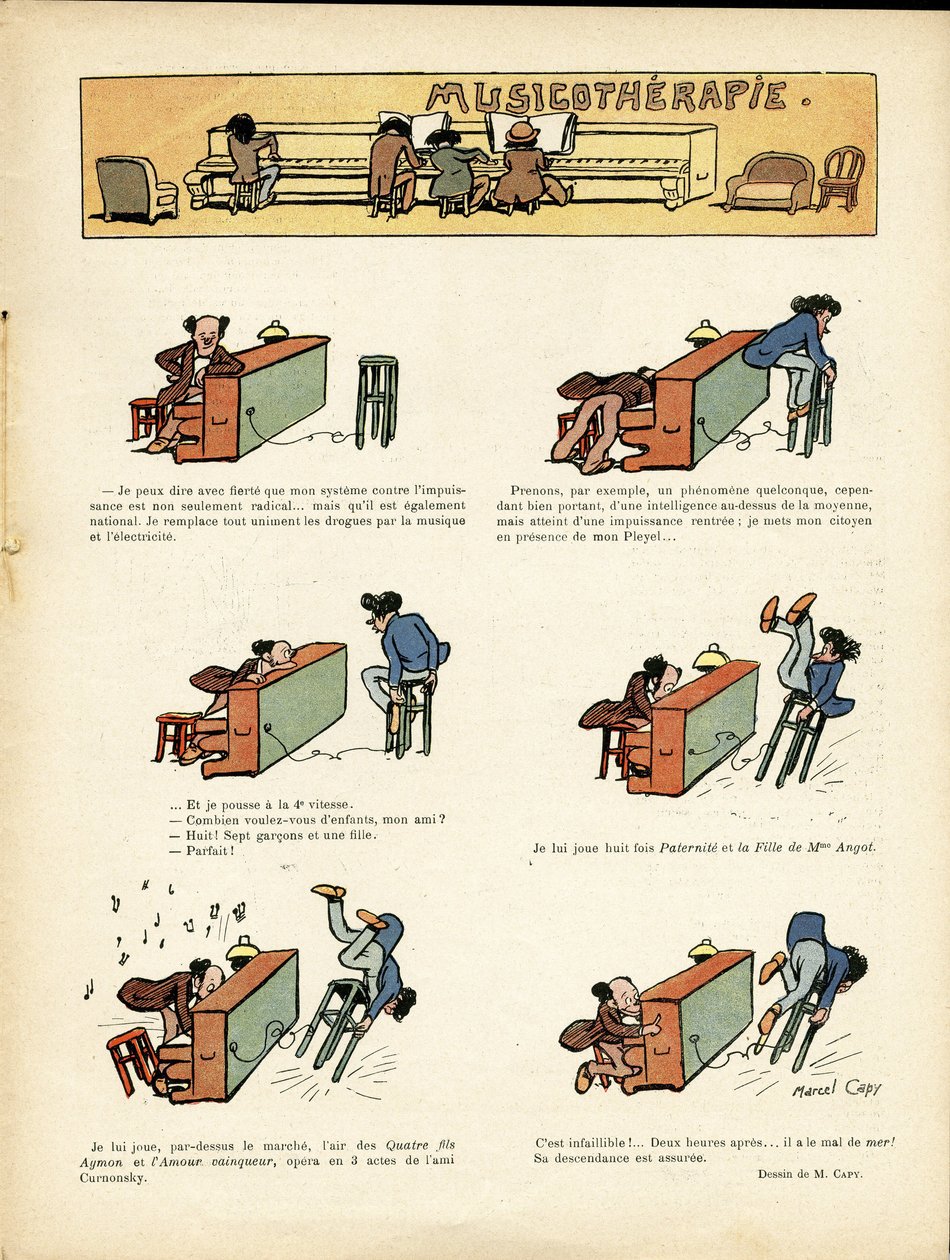 Illustrasjon av Marcel Capy (1865-1941) i Le Rire, 30/03/12 - Musicotherapie - Music, Piano av Marcel Amable O.L. Capy