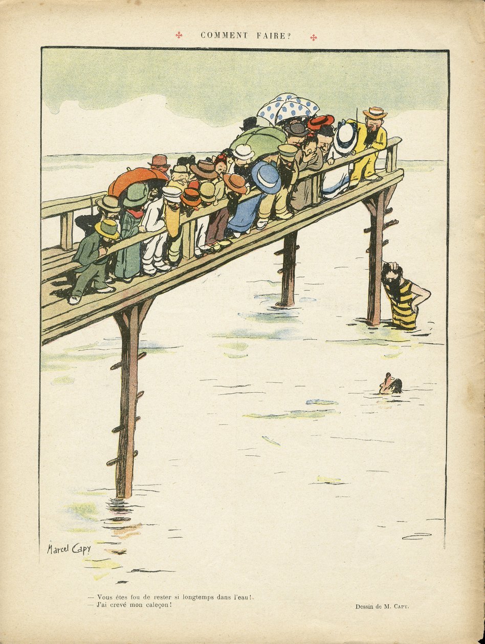 Illustrasjon av Marcel Capy (1865-1941) i Le Lire, 24.08.12 - Hvordan gjøre det? - Fritid, Arkitektur Byplanlegging, Marine Marine Seaside, Svømming Svømming Svømming, Folkemengde av Marcel Amable O.L. Capy