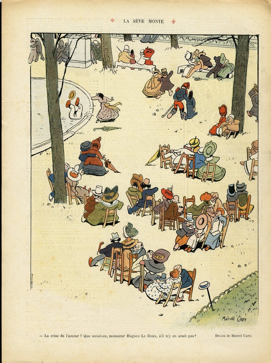 Illustrasjon av Marcel Capy (1865-1941) i Le Rire, 02/05/08 - La seve monte - Kjærlighet, offentlig hage, tre av Marcel Amable O.L. Capy