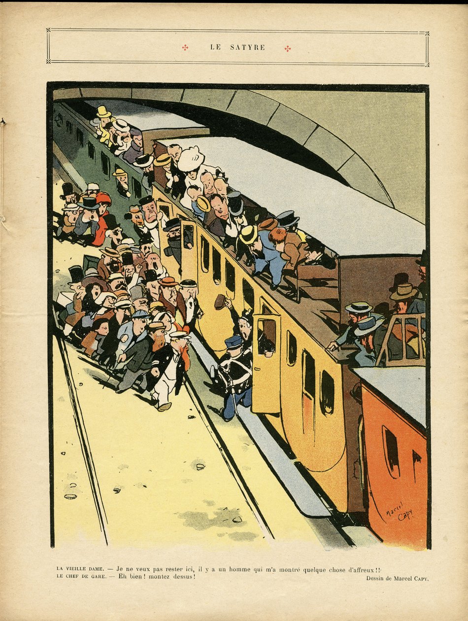 Illustrasjon av Marcel Capy (1865-1941) i Le Rire, 03/09/10 - Satyren - Arkitektur Byplanlegging, Togjernbane, Bro av Marcel Amable O.L. Capy