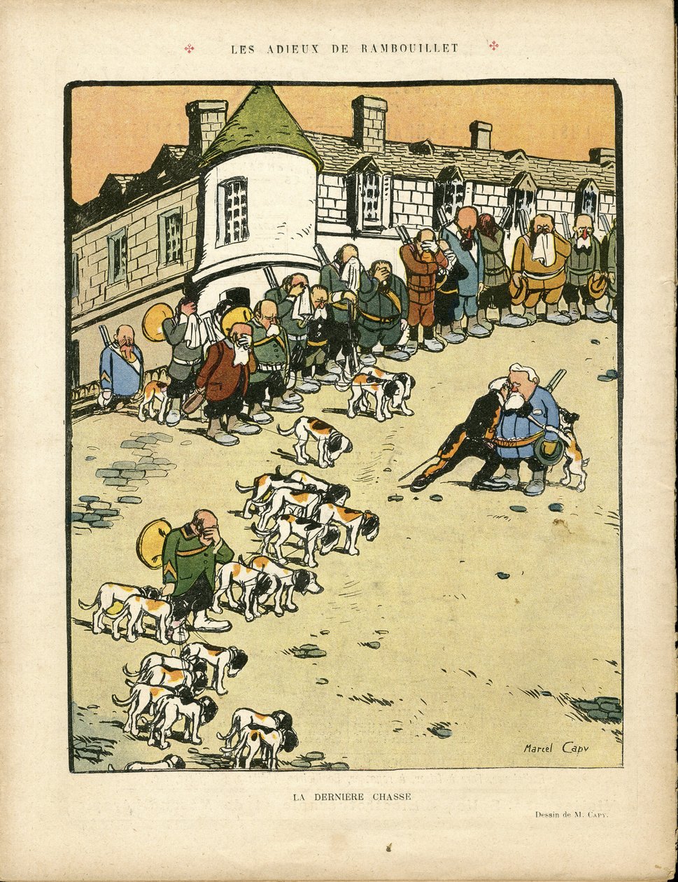 Illustrasjon av Marcel Capy (1865-1941) i Le Rire, 22.02.13 - Avskjeden til Rambouillet - Jaktjeger, republikkens president, Rambouillet - Fallieres Armand (1841-1931) av Marcel Amable O.L. Capy