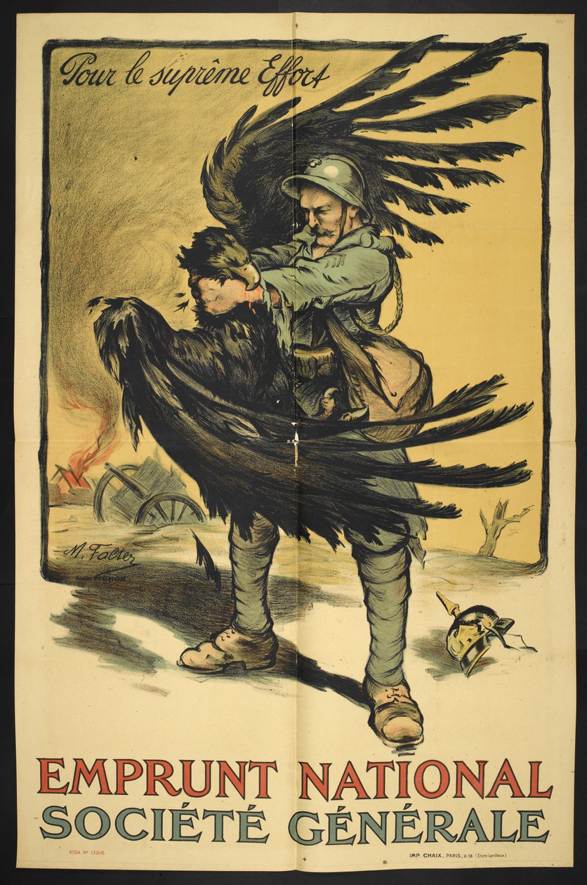 Bilde av en fransk soldat som kveler en stor fugl (som representerer Tyskland?). av Marcel Falter