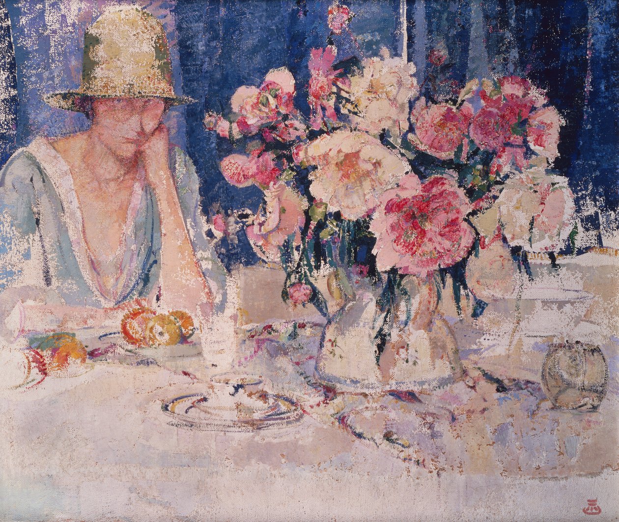 Kvinne ved bordet lastet med blomster (olje på lerret) av Marcel Jefferys