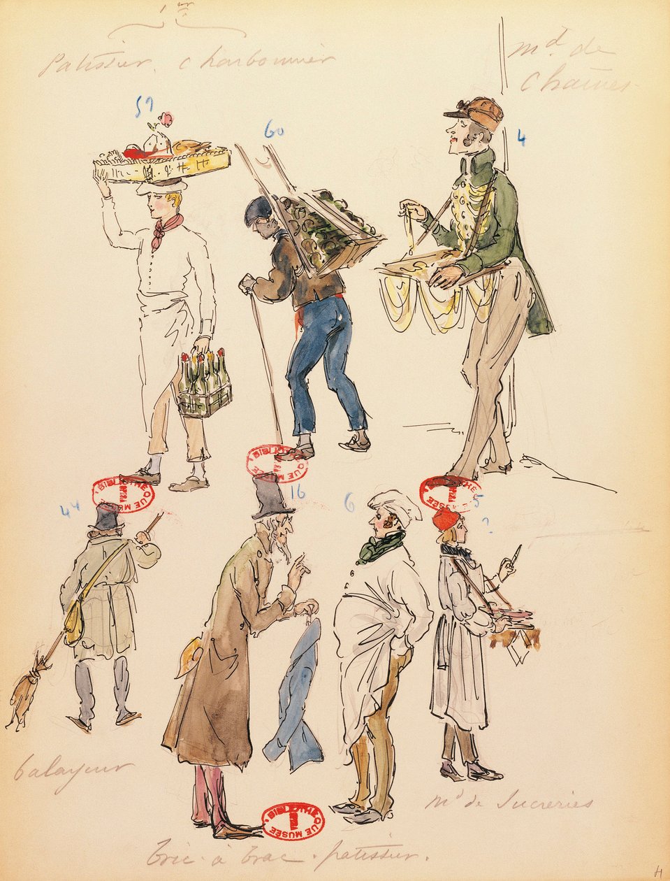 Frankrike, Paris, kostymeskisse for statister i operaen La boheme av Giacomo Puccini (1858-1924), fremføring på Paris Opera Comique, 13. juni av Marcel Multzer