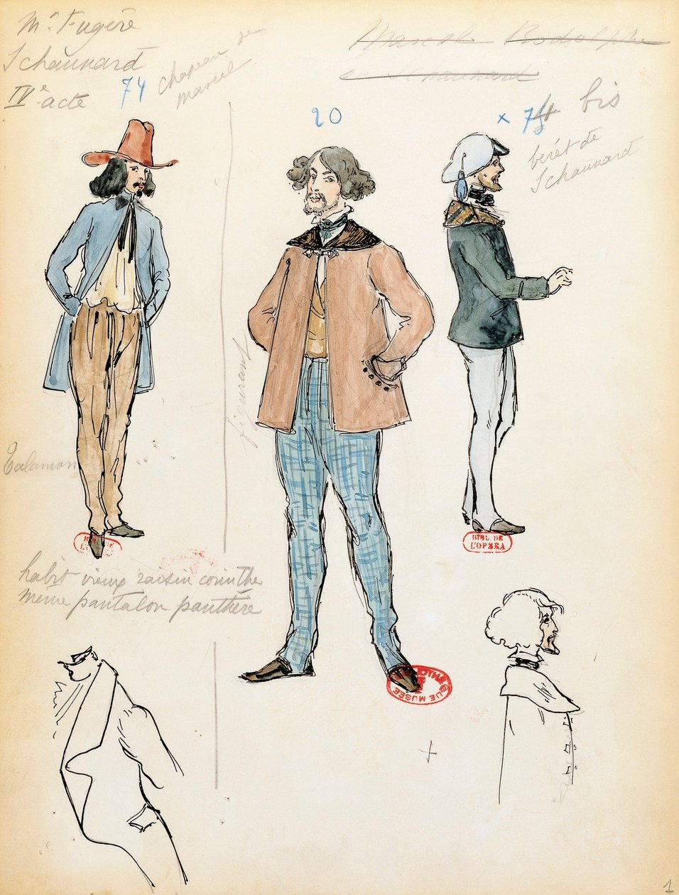 Frankrike, Paris, kostymeskisse for musiker Schaunard i operaen La boheme av Giacomo Puccini (1858-1924), opptreden ved Paris Opera Comique, 13. juni av Marcel Multzer