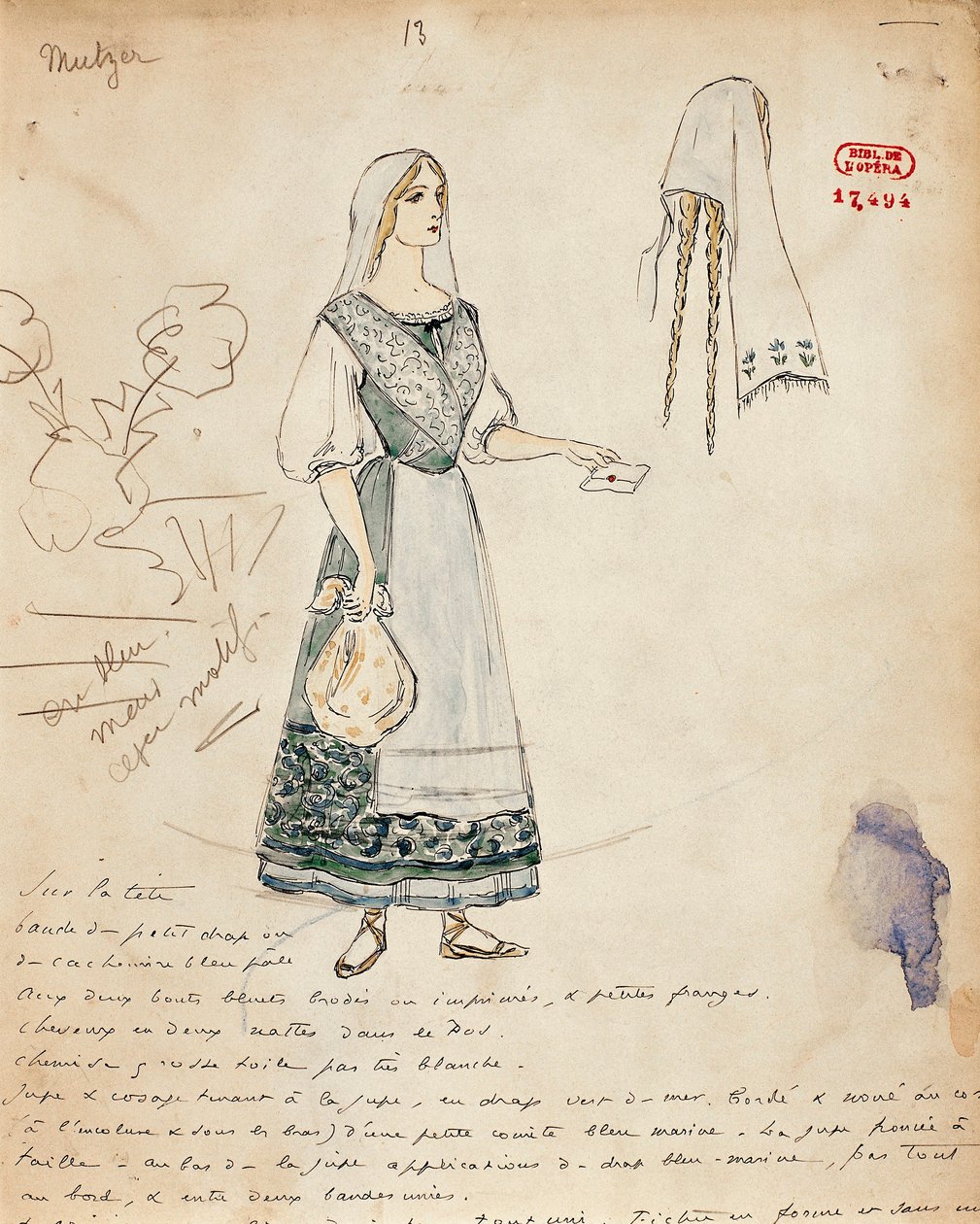 Frankrike, Paris, skisse av kostyme for Michaela for Carmen av Georges Bizet av Marcel Multzer