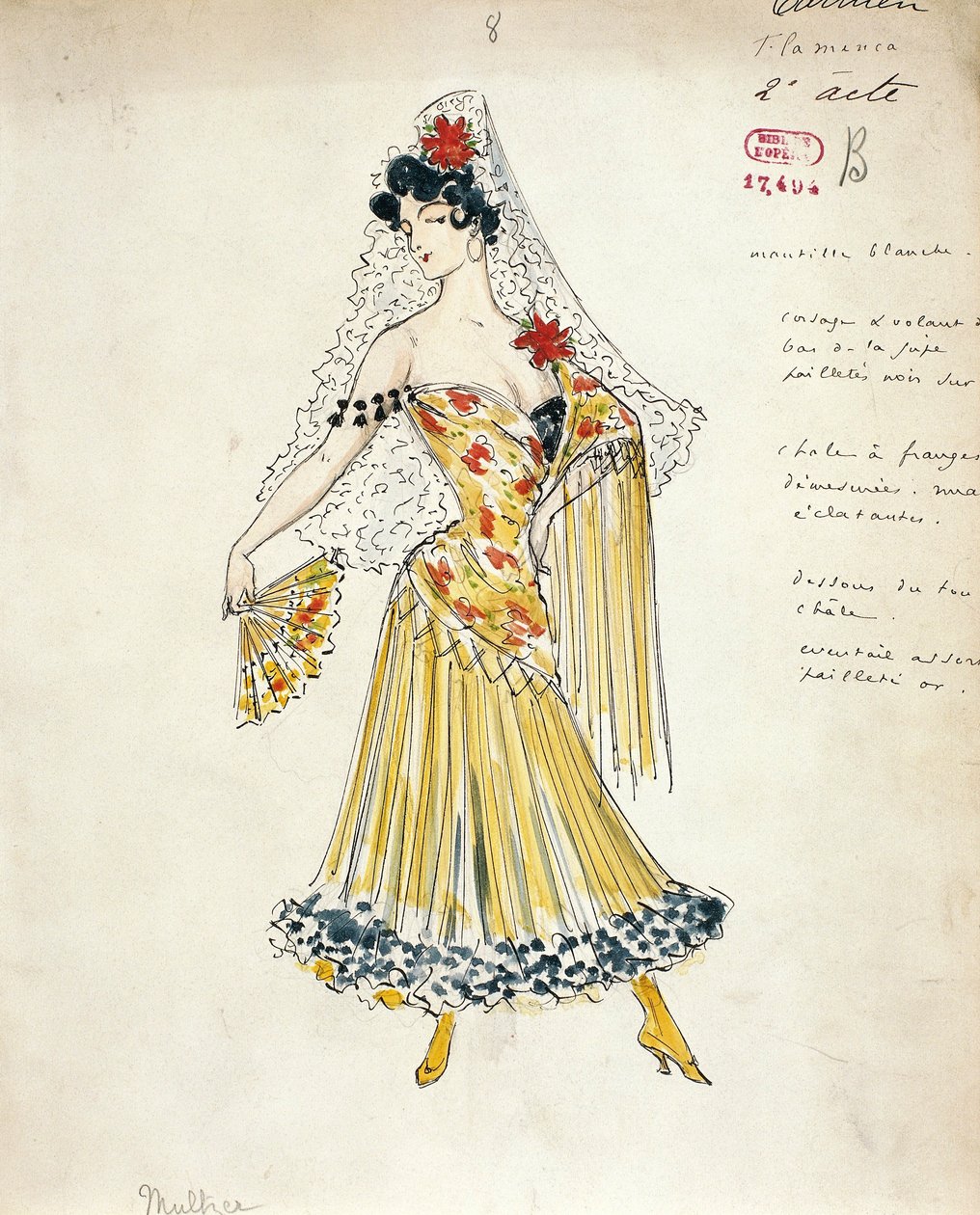 Frankrike, Paris, skisse av kostyme for flamencodansere for Carmen av Georges Bizet av Marcel Multzer