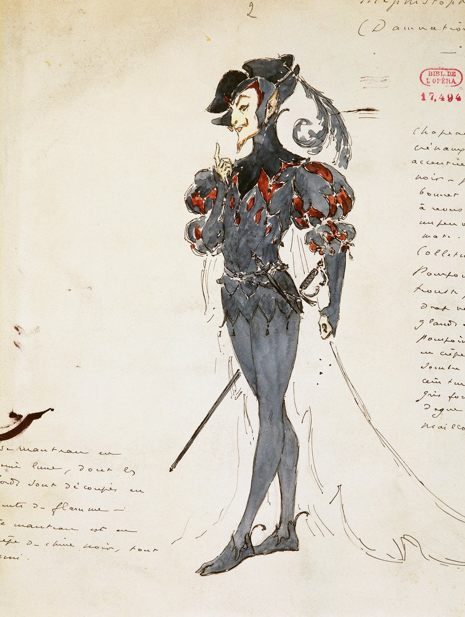 Mephistopheles, kostymeskisse av Marcel Multzer (1866-1937) for The damnation of Faust, av Hector Berlioz (1803-1869). av Marcel Multzer