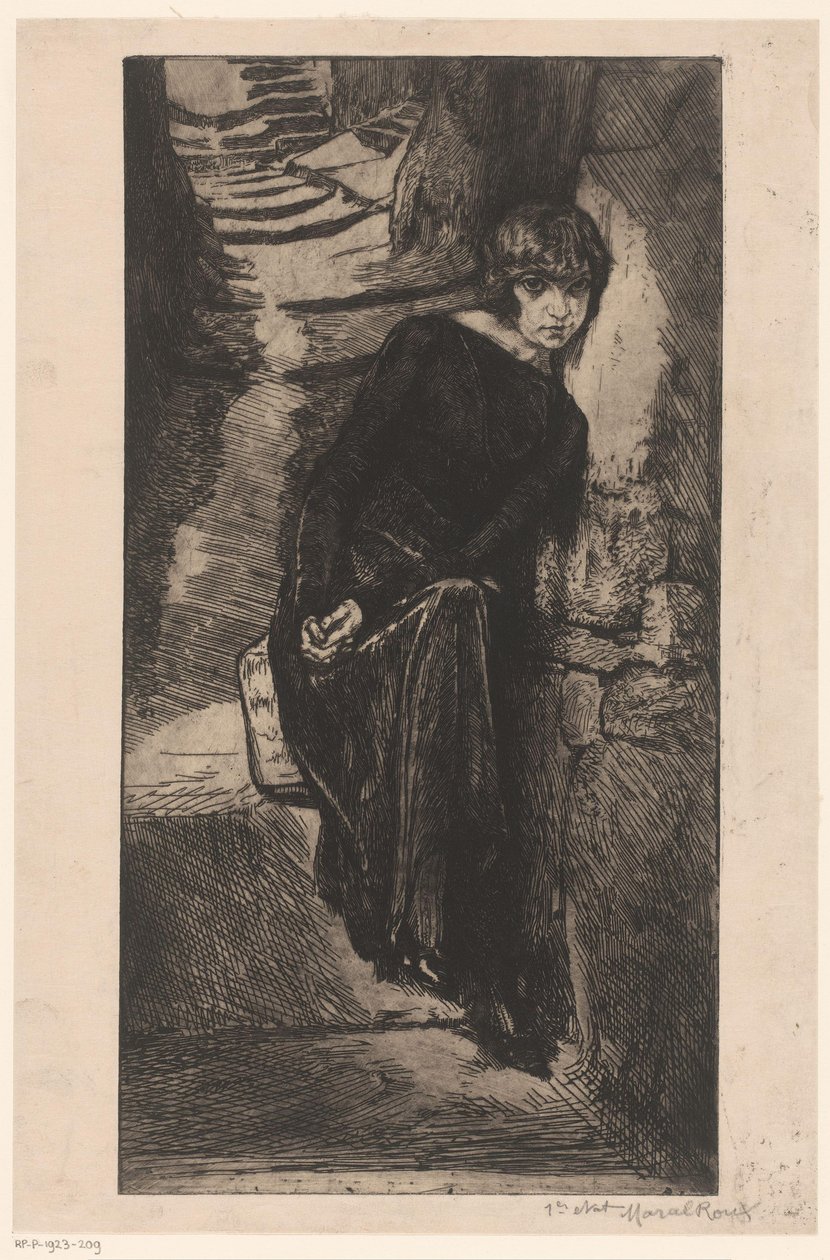 Kvinne kledd i svart, lent mot veggen Misère de misère (tittel på objekt) Girl of pleasure (serietittel) Fille de Joï (serietittel på objekt) av Marcel Roux (signed by artist)
