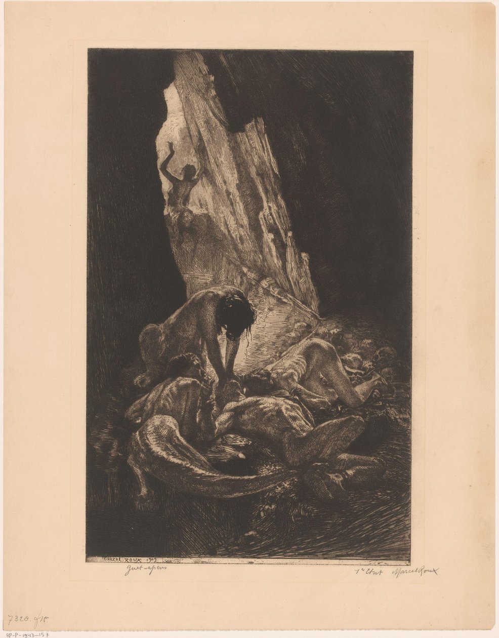 Interiøret i en mørk hule med skapninger som fortærer en naken mann Guet-aper (tittel på objekt) av Marcel Roux (signed by artist)