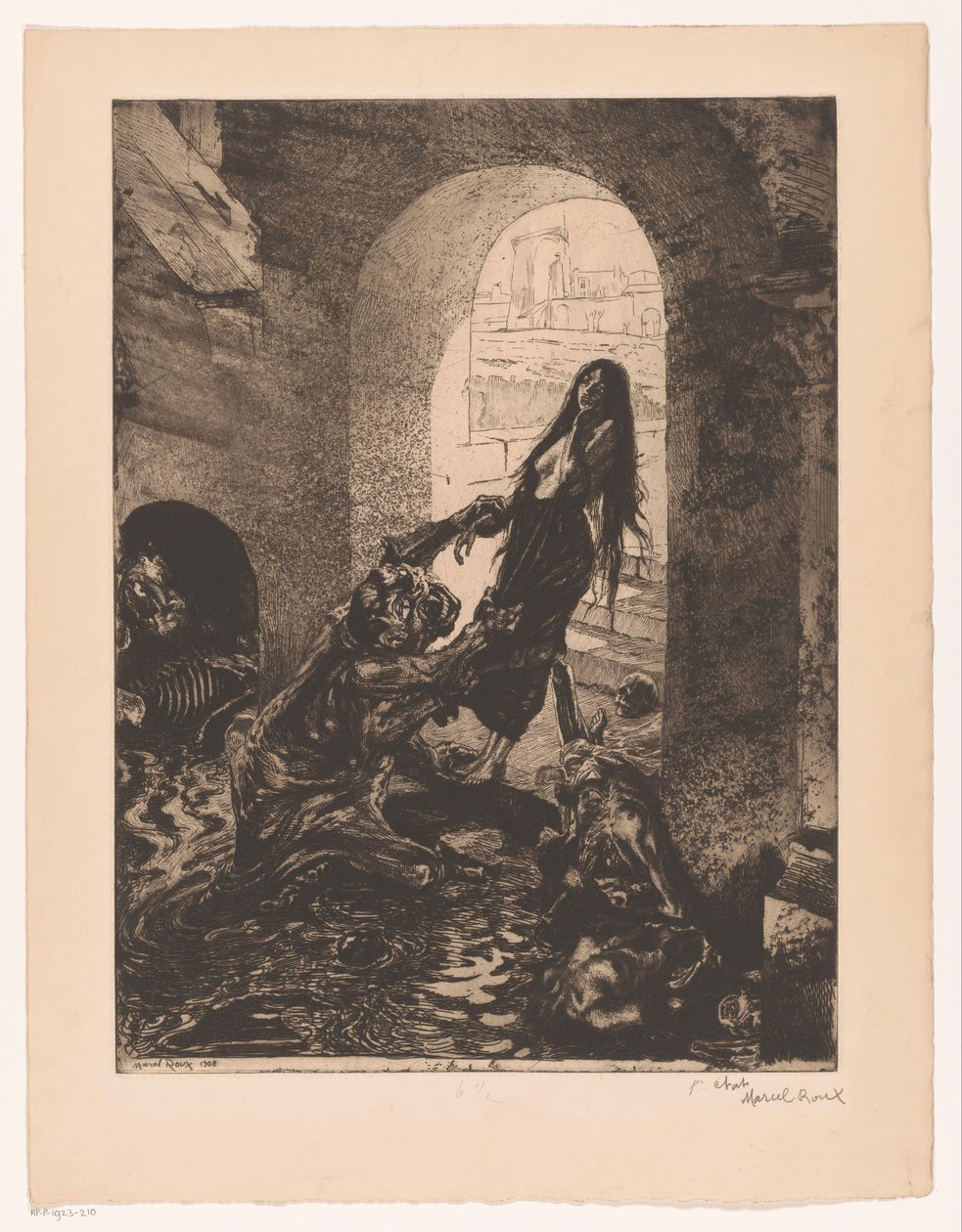 Monster tar tak i en kvinne som står i døråpningen Offrande a Moloch (tittel på objekt) Girl of pleasure (serietittel) Fille de Joie (serietittel på objekt) av Marcel Roux (signed by artist)