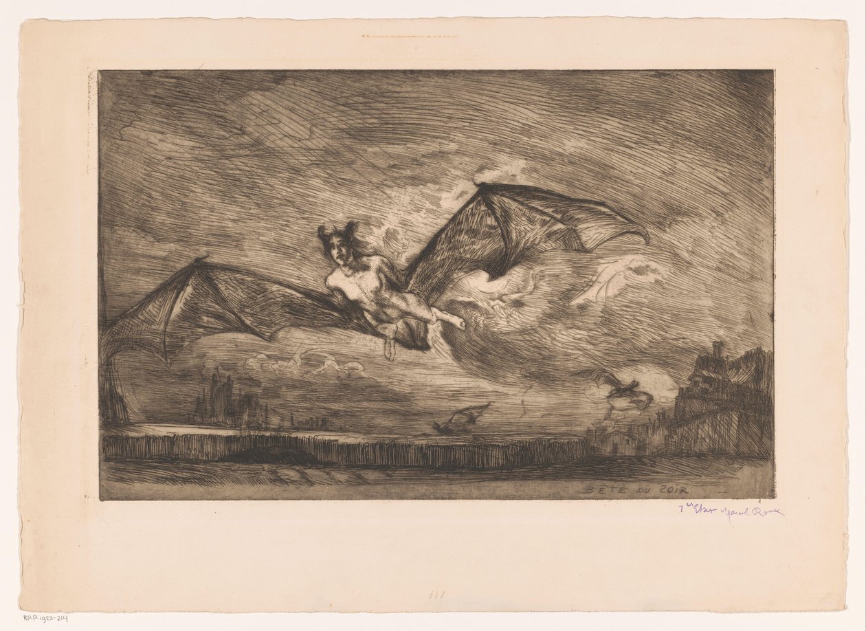 Nattlandskap med flaggermuslignende skapninger Bête du soir (tittel på objekt) av Marcel Roux (signed by artist)