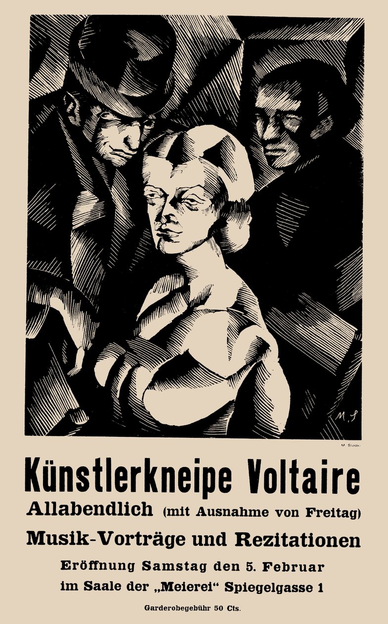 Plakat for åpningen av Cabaret Voltaire 1916-02-05 - Marcel Slodki (1892-1944). Litografi av Marcel Slodki