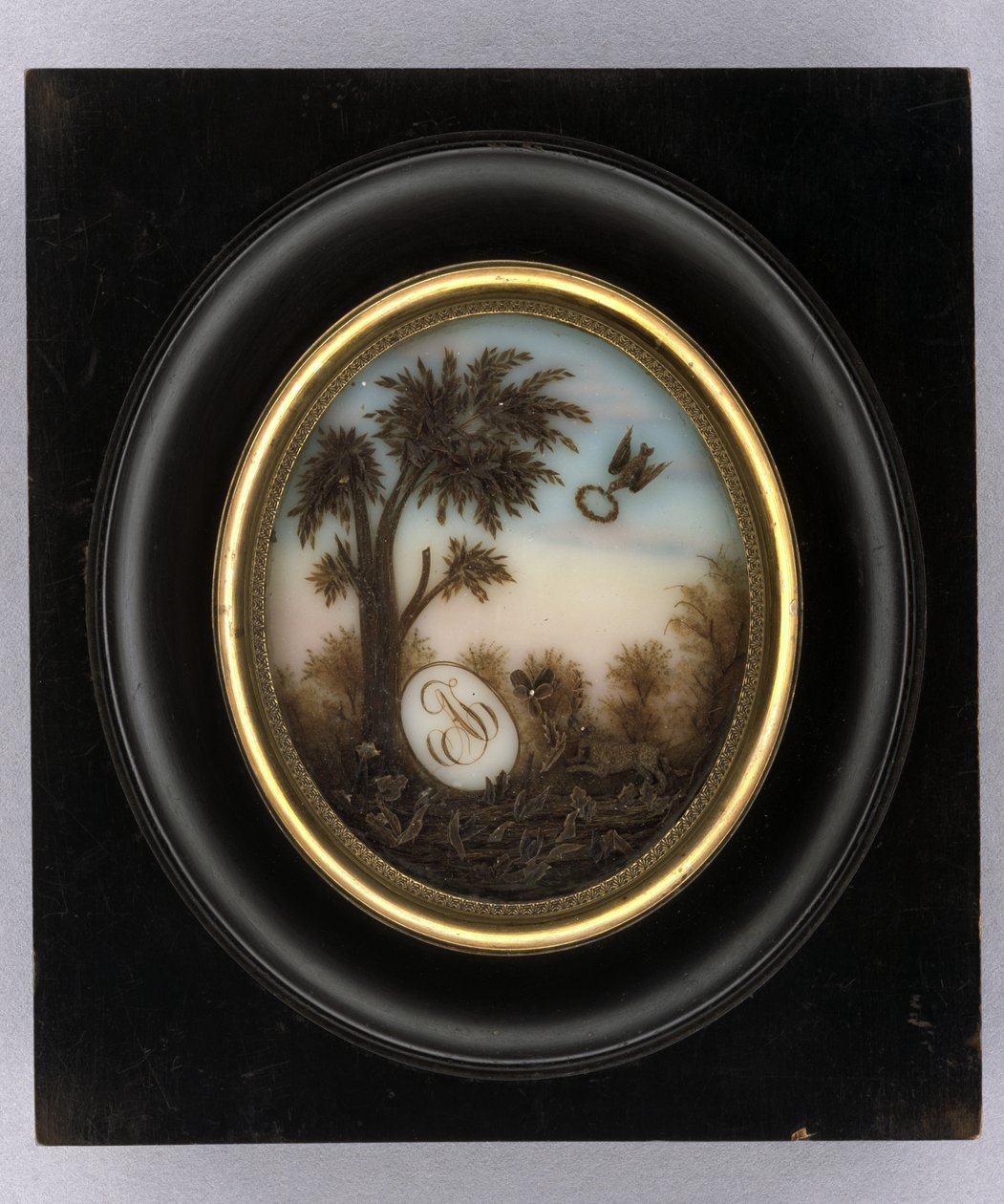 Plakett, ca. 1880 (akvarell og hårarbeid på glass, forgylt, tre og glass) av Marcellin Marcellin