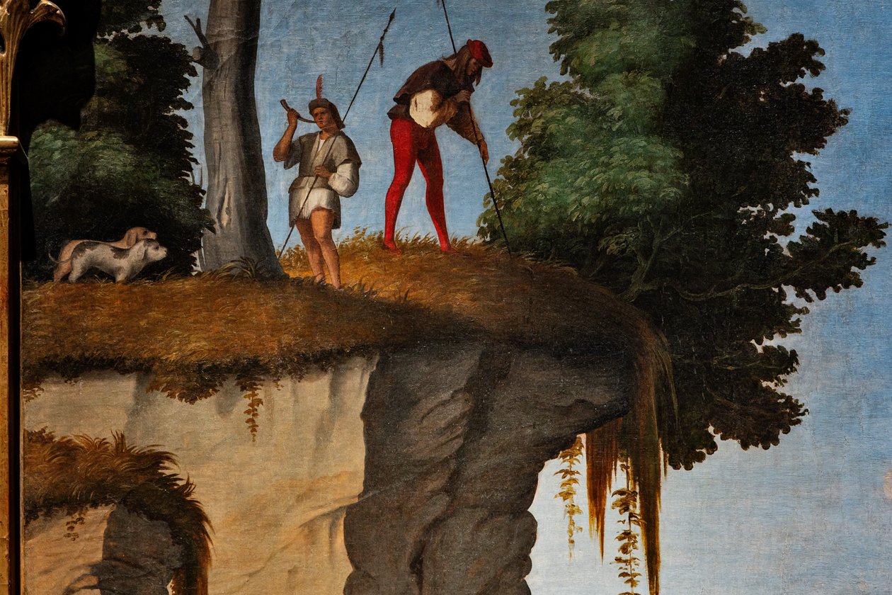 Jaktscene, detalj av tilbedelsen av de vise menn av Marcello Fogolino