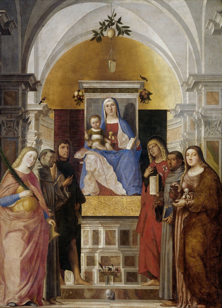 Madonna og barn med den hellige Katarina, Frans av Assisi, døperen Johannes, evangelisten Johannes, Antonius av Padua og Maria Magdalena av Marcello Fogolino