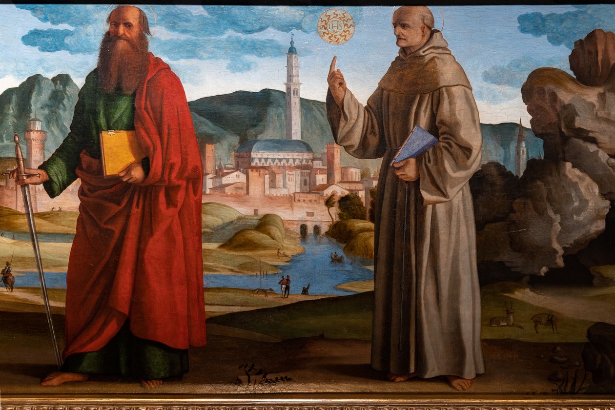 St. Francis mottar stigmata blant St. Clare og Peter, den velsignede Bartolomeo av Breganze, og St. Paul og Bernardino, detalj av Marcello Fogolino