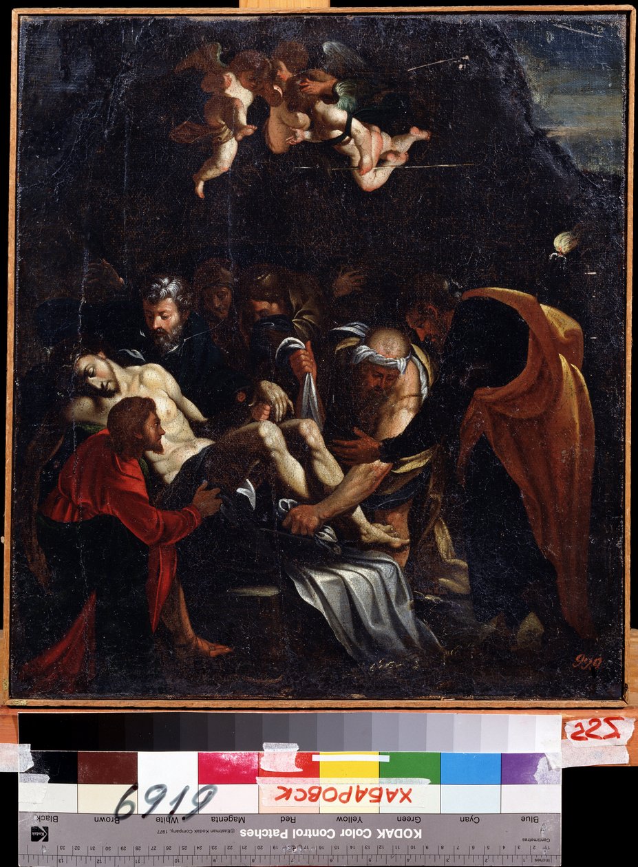 Nedstigningen fra korset. Blant karakterene representert rundt Jesu Kristi kropp: Jomfru Maria, Saint Mary Magdalene, Saint Joseph of Arimathea og Saint Nikodemus. Maleri av Marcelle Venusti (1512 eller 1515-1579). H av Marcello Venusti