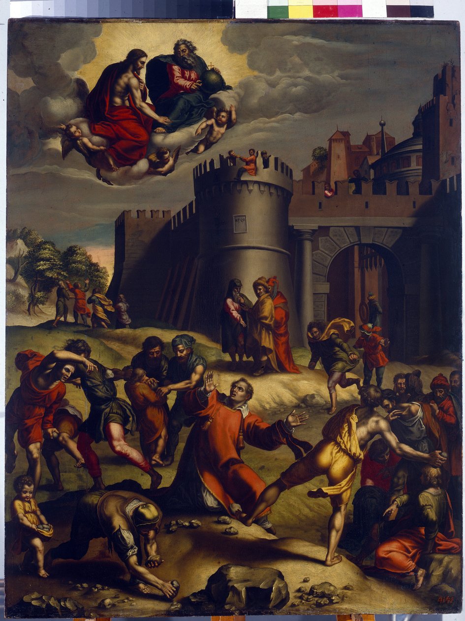 St. Stefans martyrium. (Martyrdommen til den hellige Stefanus). Kristendommens første diakon, Stephen eller Stephane (martyr i 35), blir steinet utenfor byen Jerusalem og under sin prøvelse deltar han på et mirakel, Gud og Jesus Kristus kommer til syne, gå av Marcello Venusti