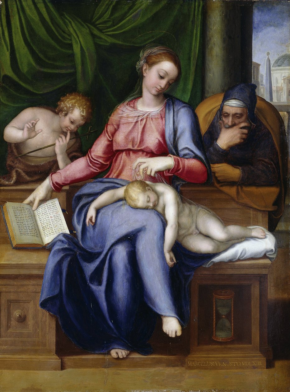 Madonna del silenzio (jomfru og barn med døperen Johannes som gutt) av Venusti, Marcello (1512/15-1579). Olje på tre av Marcello Venusti