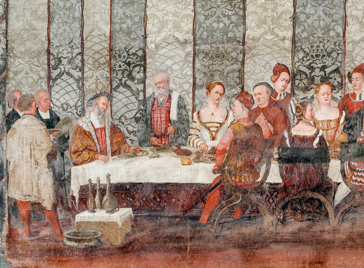 Bankett, detalj av besøket til Christian I av Danmark til Bartolomeo Colleoni, æreshallen av Marcello or Romani Girolamo (Romanino) (c.1485 c.1566) (attr.to) Fogolino