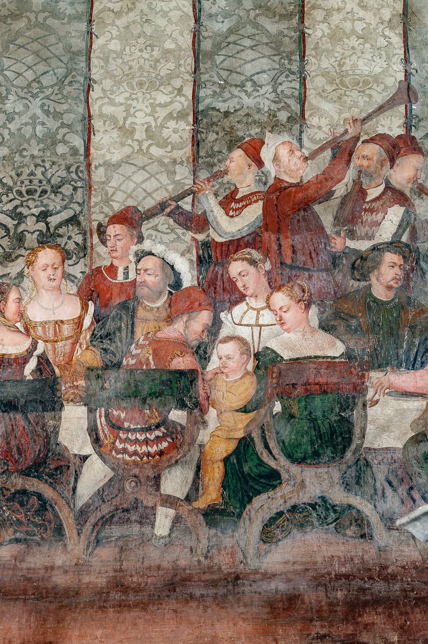 Bankett, detalj av besøket til Christian I av Danmark til Bartolomeo Colleoni, æreshallen av Marcello or Romani Girolamo (Romanino) (c.1485 c.1566) (attr.to) Fogolino
