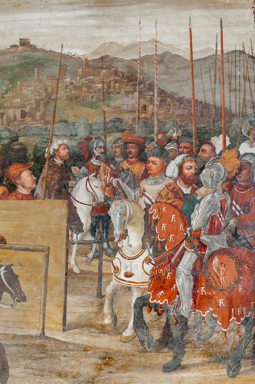 Detalj av besøket til Christian I av Danmark til Bartolomeo Colleoni, æreshallen av Marcello or Romani Girolamo (Romanino) (c.1485 c.1566) (attr.to) Fogolino