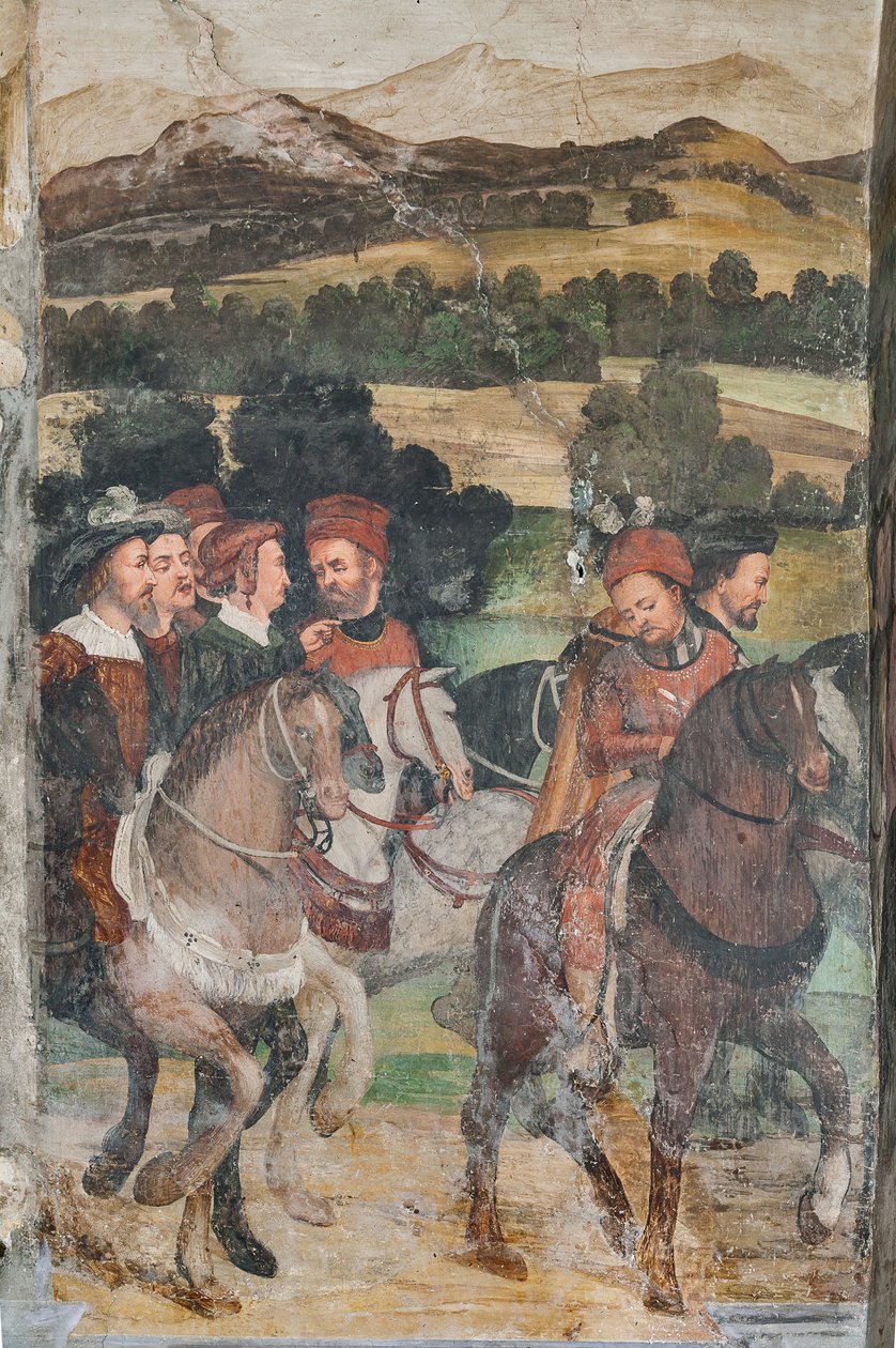 Detalj av besøket til Christian I av Danmark til Bartolomeo Colleoni, æreshallen av Marcello or Romani Girolamo (Romanino) (c.1485 c.1566) (attr.to) Fogolino