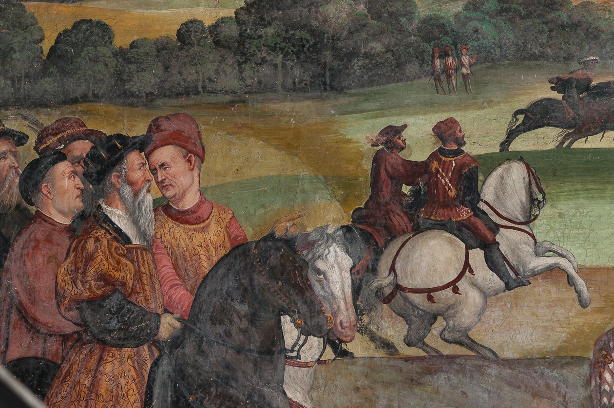 Jaktscene, detalj av besøket til Christian I av Danmark til Bartolomeo Colleoni, æreshallen av Marcello or Romani Girolamo (Romanino) (c.1485 c.1566) (attr.to) Fogolino