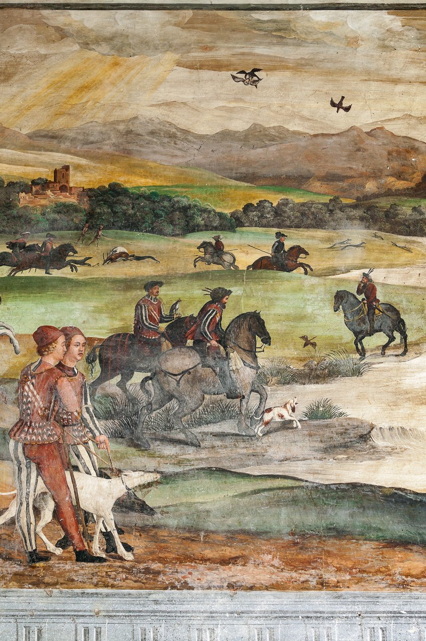 Jaktscene, detalj av besøket til Christian I av Danmark til Bartolomeo Colleoni, æreshallen av Marcello or Romani Girolamo (Romanino) (c.1485 c.1566) (attr.to) Fogolino