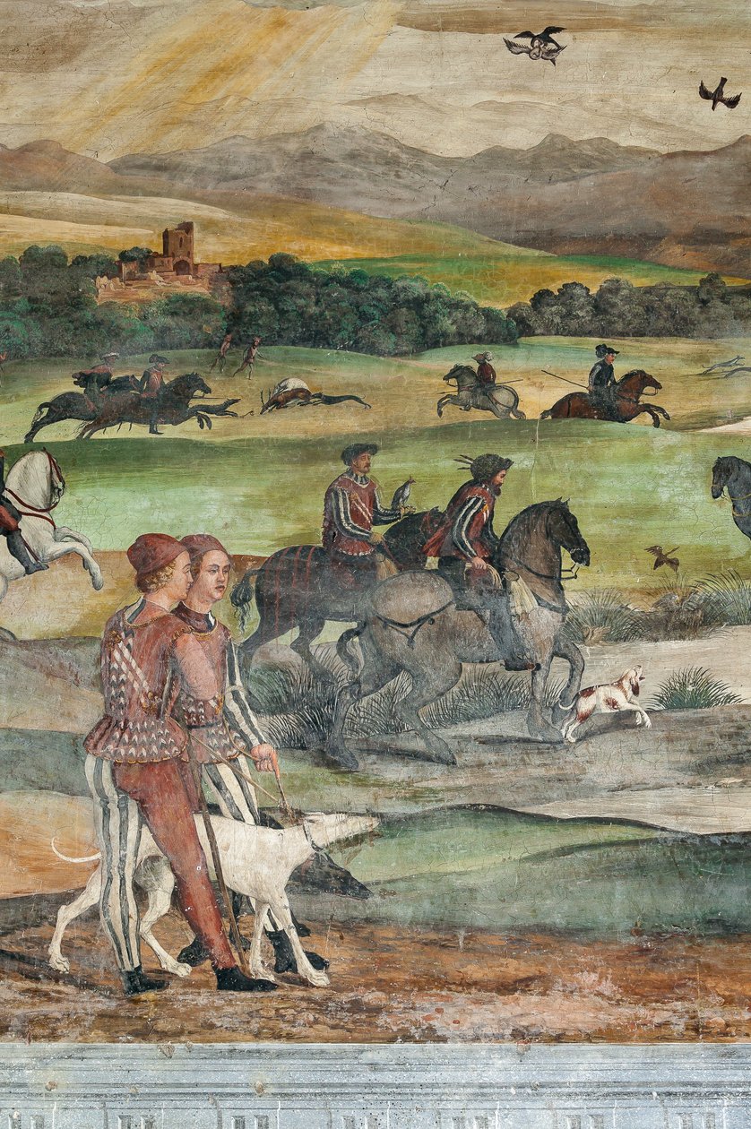 Jaktscene, detalj av besøket til Christian I av Danmark til Bartolomeo Colleoni, Hall of Honor av Marcello or Romani Girolamo (Romanino) (c.1485 c.1566) (attr.to) Fogolino