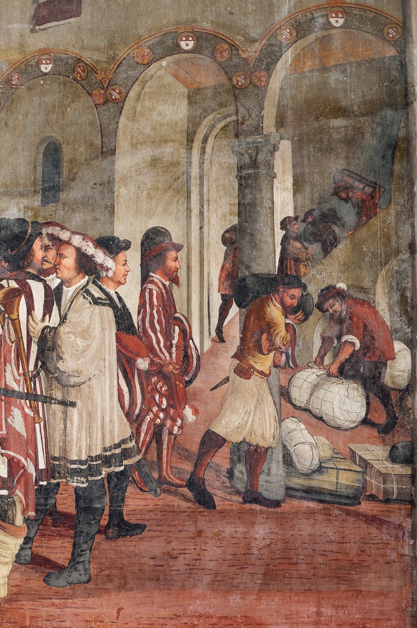 Jaktscene, detalj av besøket til Christian I av Danmark til Bartolomeo Colleoni, Hall of Honor av Marcello or Romani Girolamo (Romanino) (c.1485 c.1566) (attr.to) Fogolino