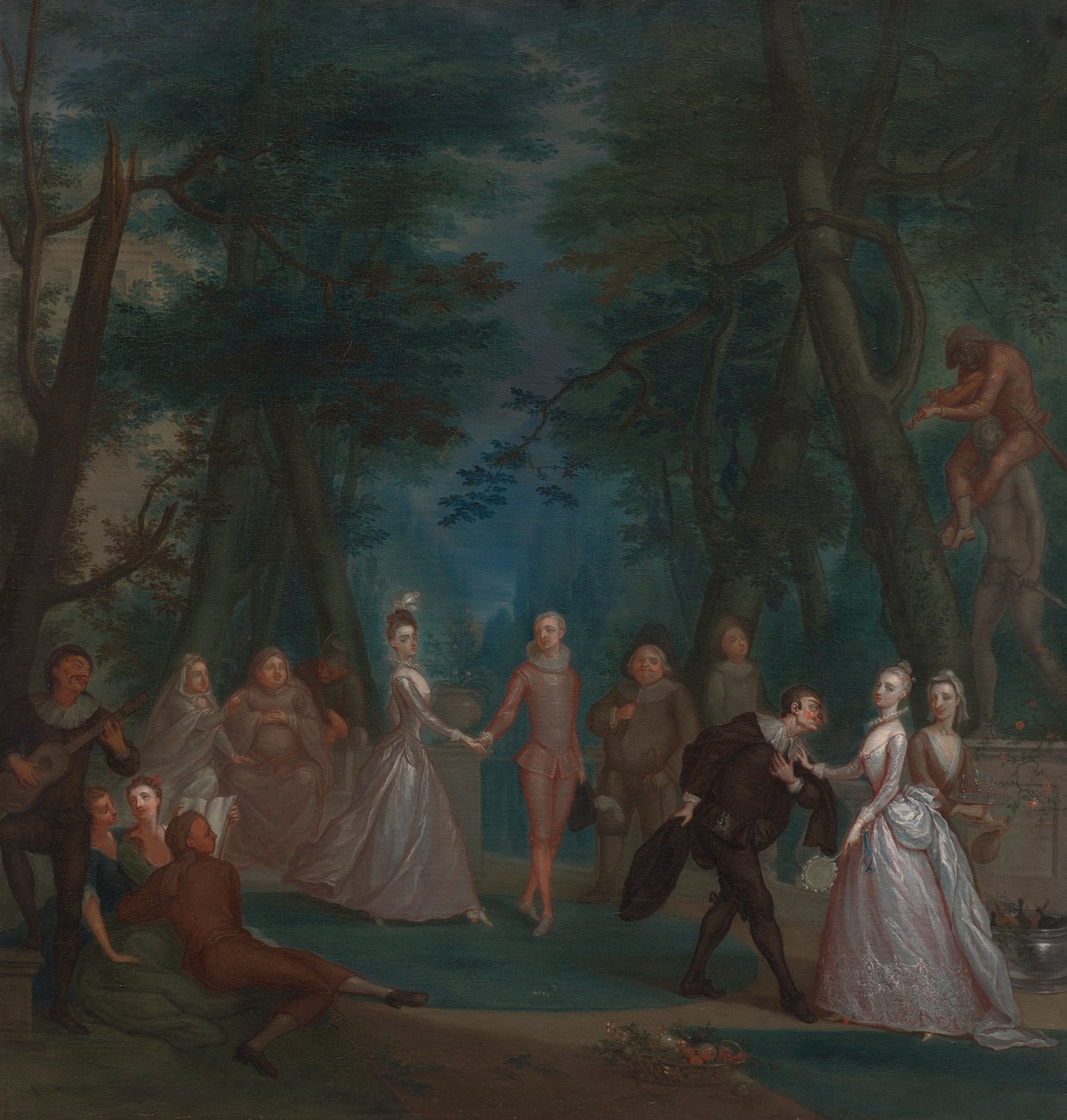Scene i en park, med figurer fra Commedia dell'Arte av Marcellus Laroon the Younger