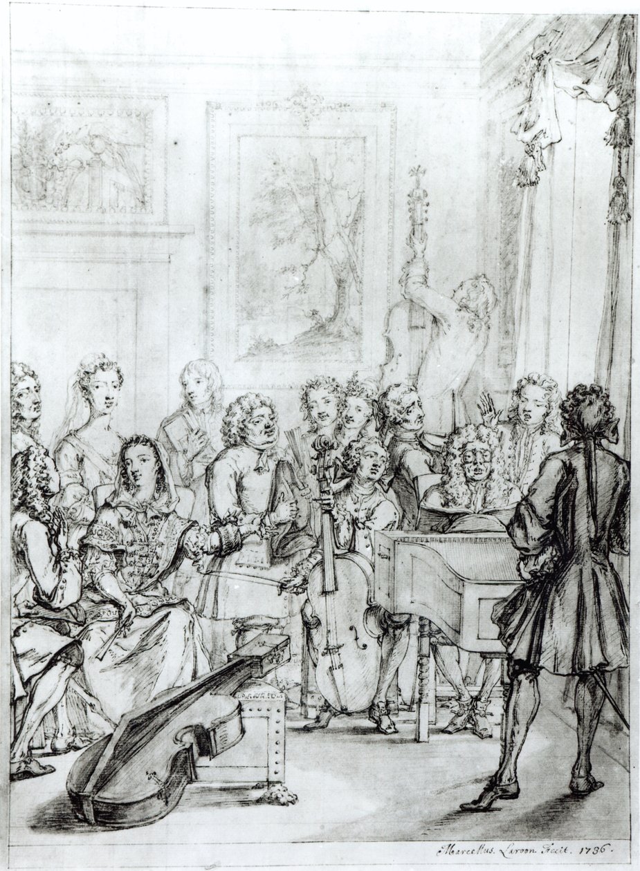 Konsert på Montague House, 1736 (penn og blekk over blyant på papir) av Marcellus the Younger Laroon