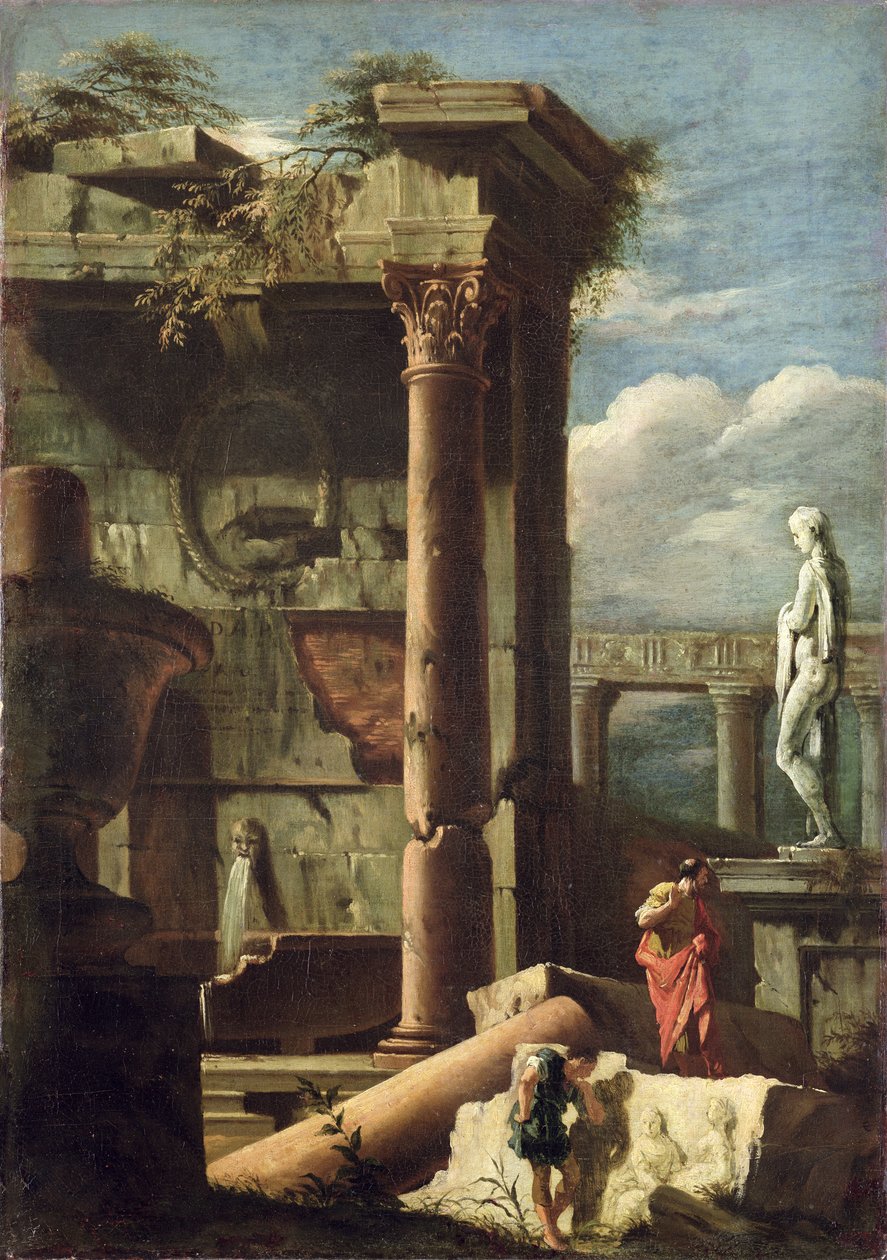 Gammel bygning med statue og dekorative figurer, 1720-25 av Marco Ricci