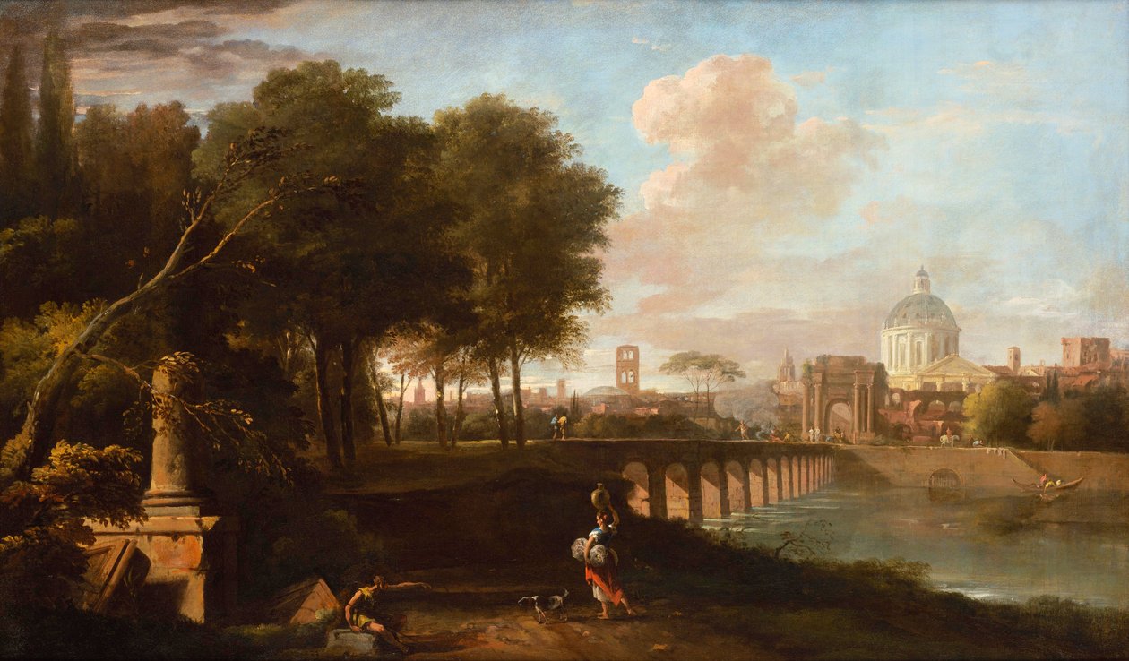 Klassisk landskap, med Wrens kuppel til King Charles Court, Greenwich Hospital (i dag Royal Naval College, Greenwich), ca. 1710 av Marco Ricci