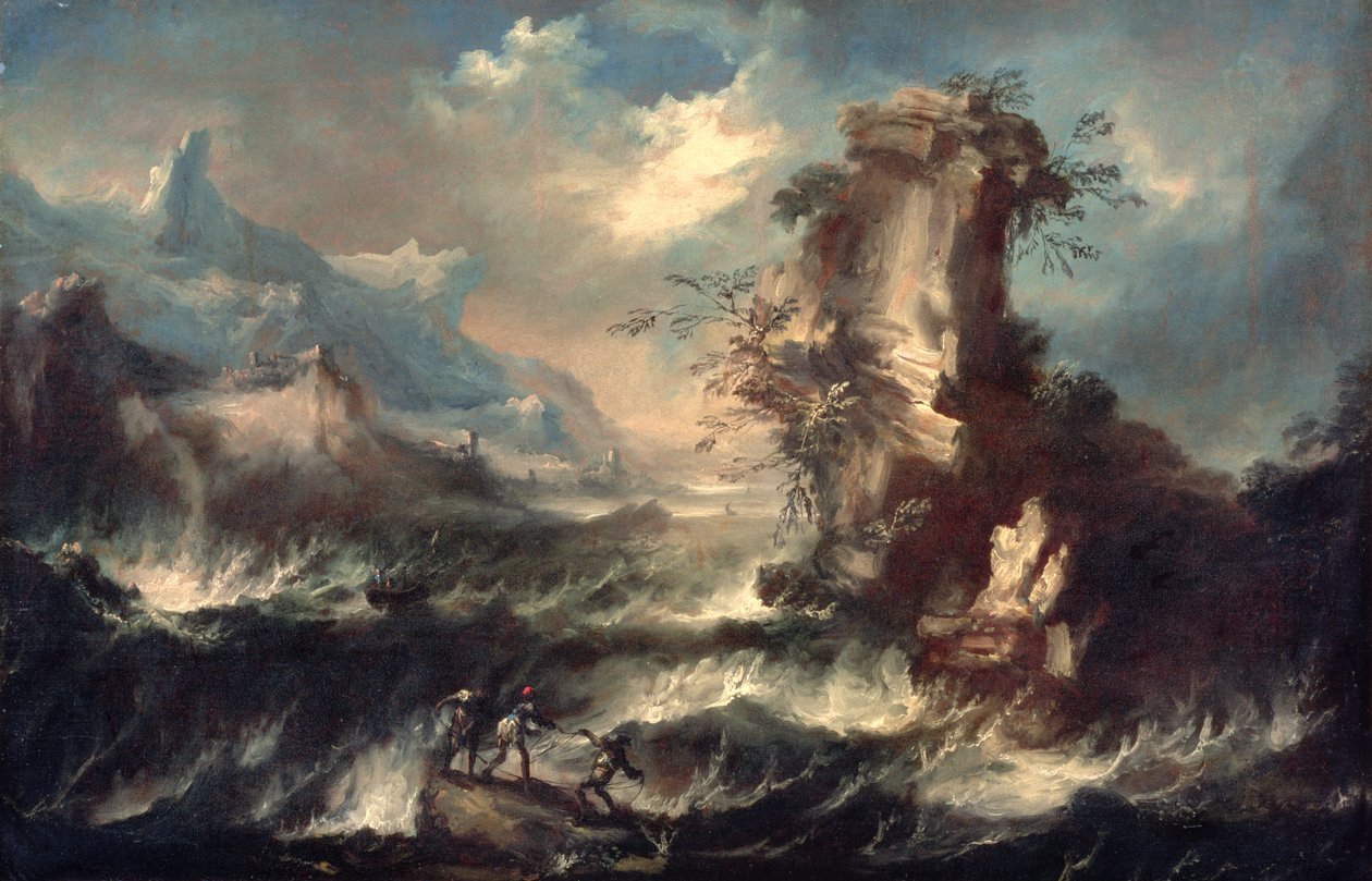 Italiensk havlandskap med steiner og figurer av Marco Ricci