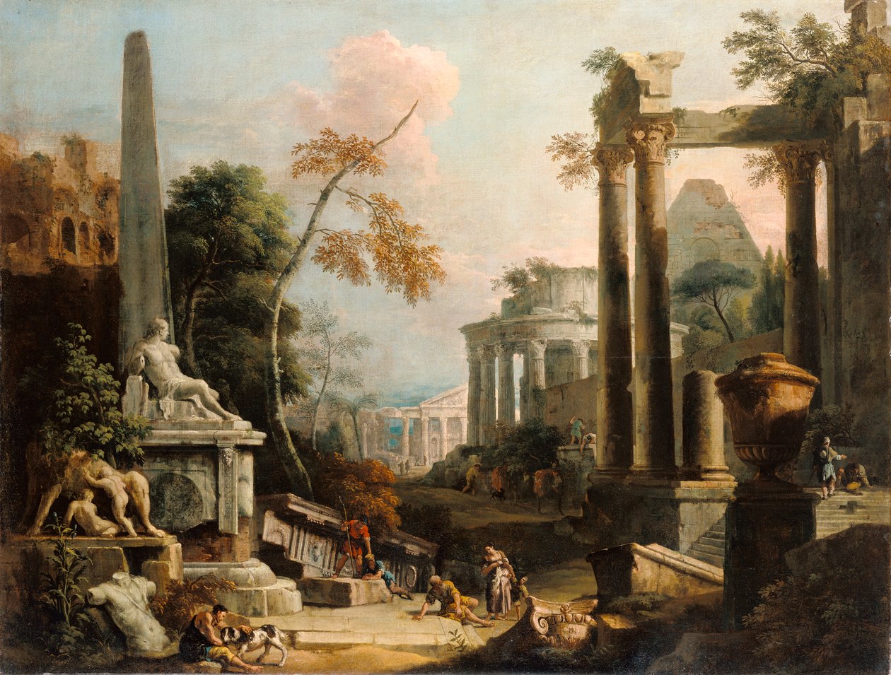 Landskap med klassiske ruiner og figurer, ca. 1725-30 av Marco Ricci