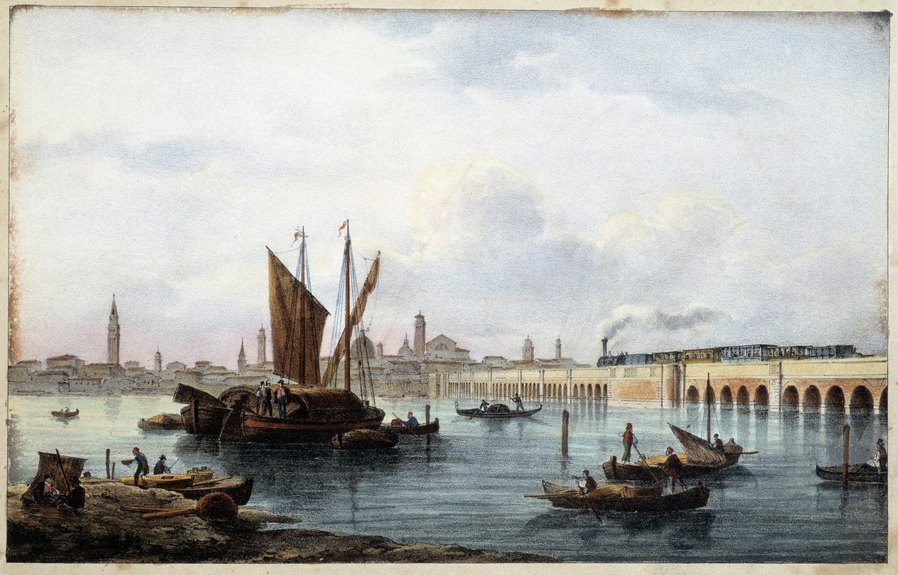 Broen over lagunen i "Album of the main views of Venezia"" tegnet av Marco Moro ed. Gio Brize-Ghel n.d 1840. ca. av Marco (after) Moro