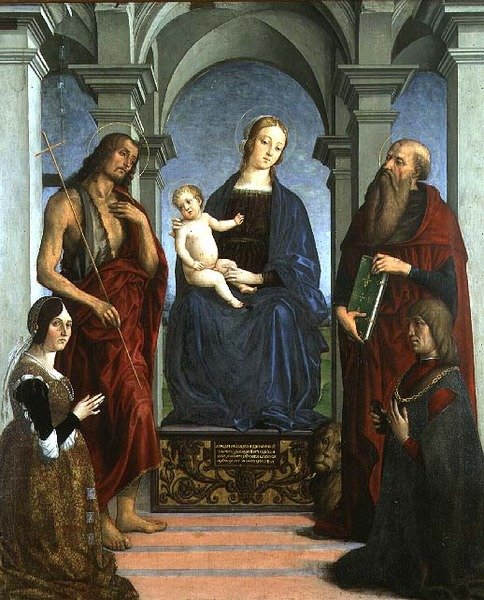Madonna og barn med St. Hieronymus og døperen Johannes og givere (panel) av Marco (attr. to) Meloni