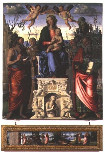Madonna og barn med døperen Johannes, St. Bernardino av Siena og St. Hieronymus (panel) av Marco (attr. to) Meloni