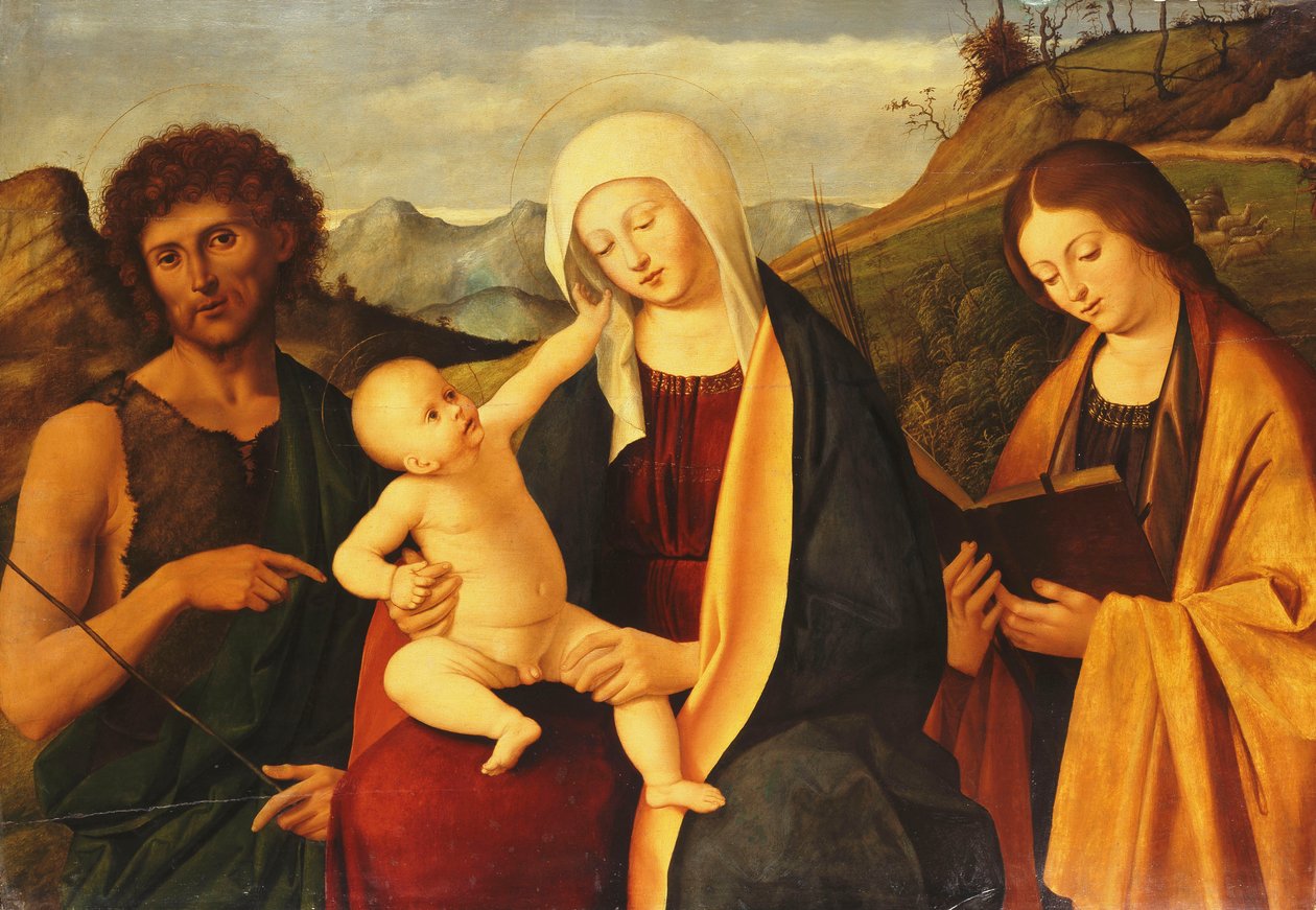 Madonnaen og barnet, med døperen Johannes og en kvinnelig helgen, av Marco Basaiti